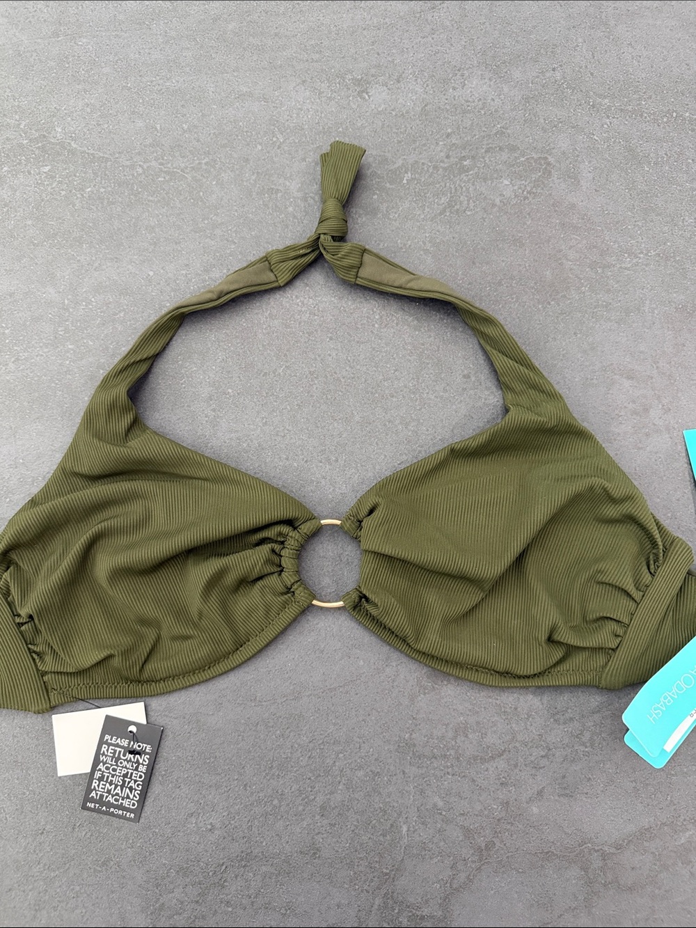 NWT Melissa Odabash Brussels Olive Green Gold Ring Halter Bikini Top EU46/US14